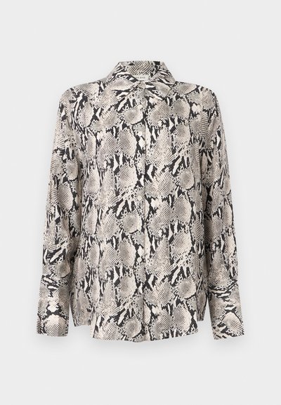 Long-sleeve button-up shirt with black and white snakeskin pattern, classic collar, and a loose fit on a white background.