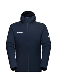 Navy blue insulated jacket with a high collar, full front zipper, and logo on the chest. Features long sleeves and a smooth texture.