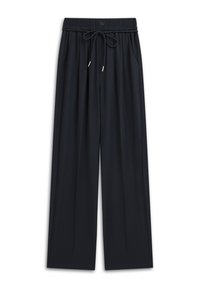 Czarne spodnie typu wide-leg z elastycznym pasem, regulowanym sznurkiem, dwiema bocznymi kieszeniami oraz gładką, lekką teksturą materiału.
