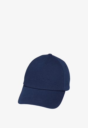 Navy blue baseball cap made of fabric, featuring a curved brim and embroidered branding on the front. Simple design with tonal stitching.