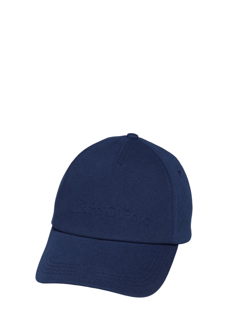 Casquette de baseball bleu marine en tissu, avec une visière courbée et un logo brodé sur le devant. Design simple avec des coutures tonales.