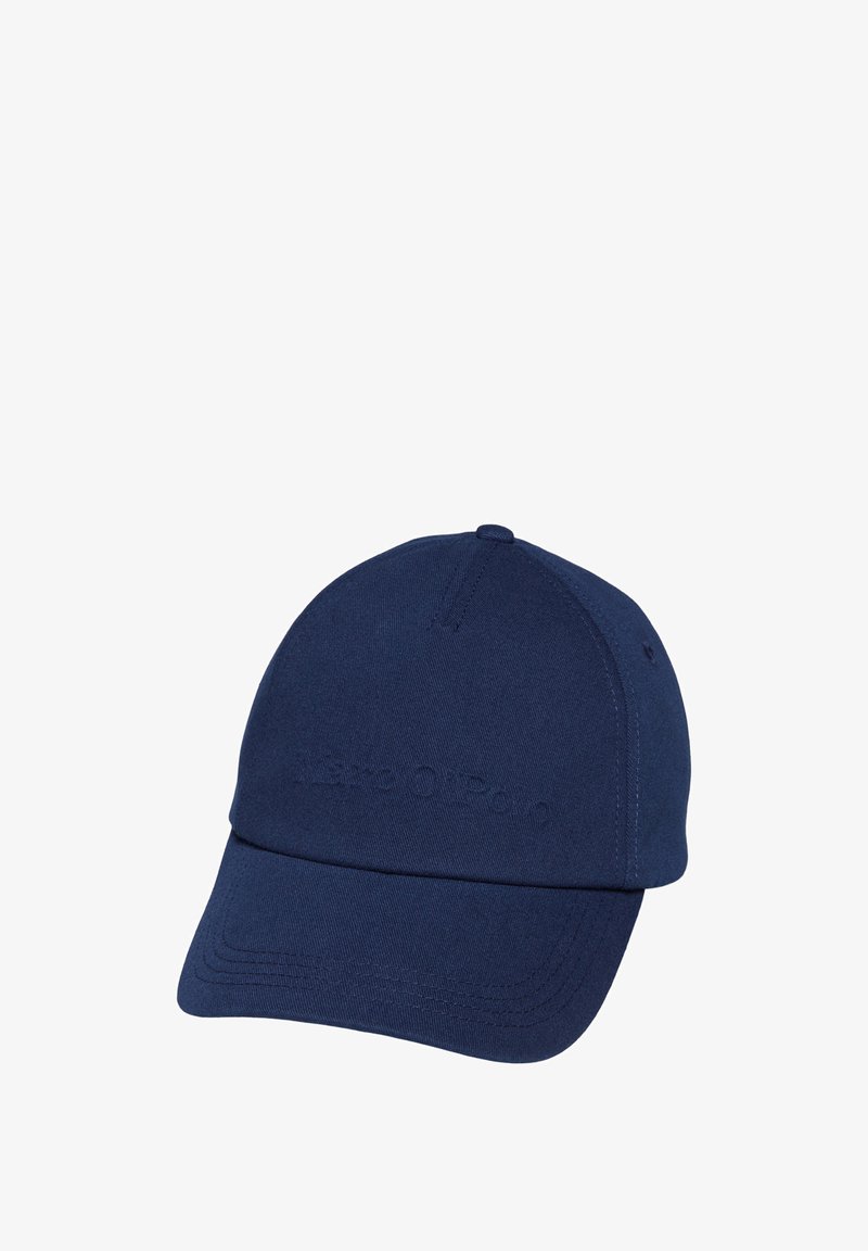 Cappellino da baseball blu navy in tessuto, con visiera curva e logo ricamato sul davanti. Design semplice con cuciture tono su tono.