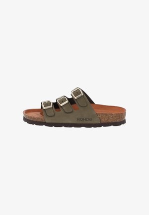 Olive green sandal with three adjustable straps, silver buckles, cork footbed, and rubber outsole, featuring a logo on the side.