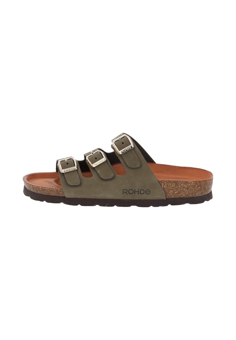 Olive green sandal with three adjustable straps, silver buckles, cork footbed, and rubber outsole, featuring a logo on the side.