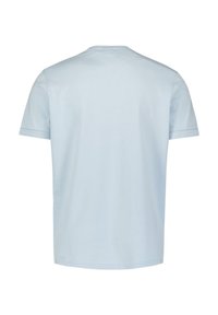 Helles blaues Baumwoll-T-Shirt mit kurzen Ärmeln, Rundhalsausschnitt und plain Rückseite. Weicher Stoff ohne Muster oder sichtbare Hardware.
