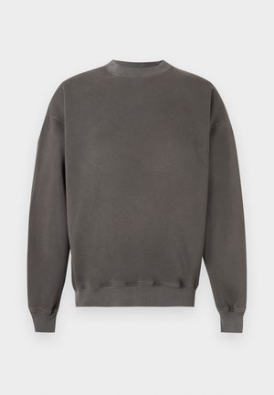 Ensfarvet mørkegrå sweatshirt med lange ærmer, ribbet rund halsudskæring, manchetter og kant, vist på en hvid baggrund.