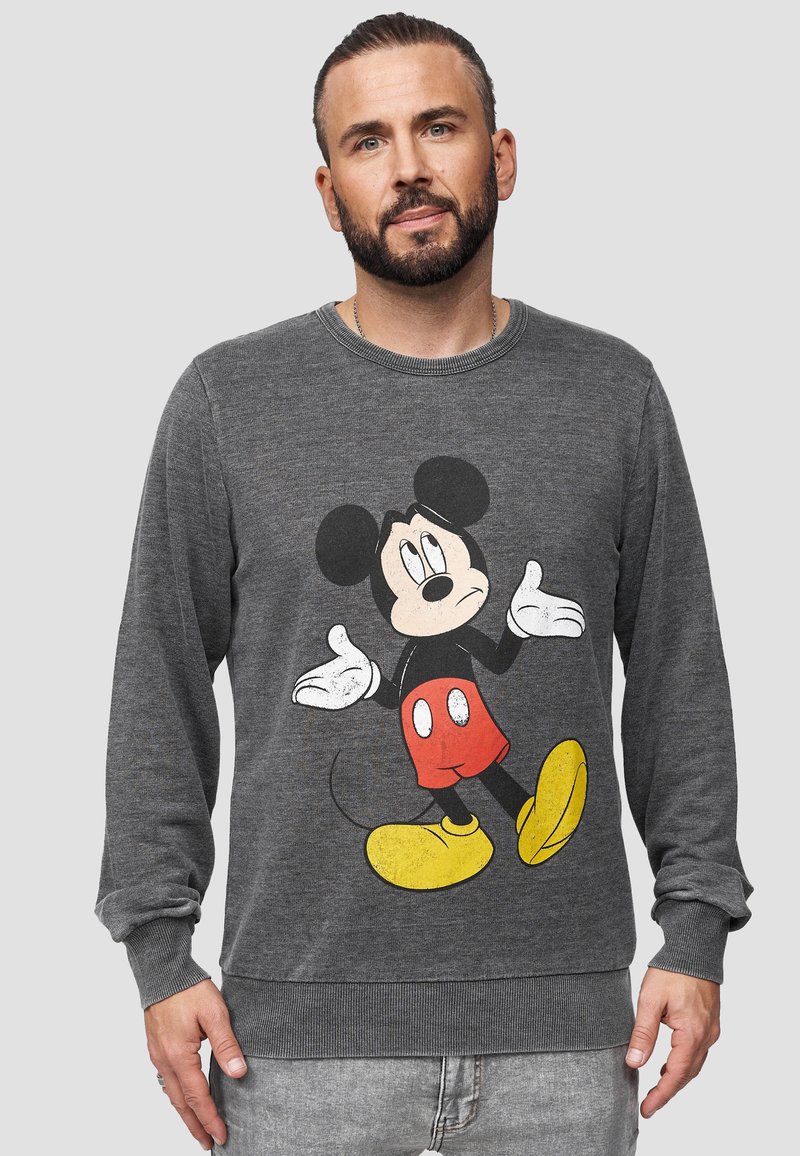 Šedá mikina s grafikou Mickey Mouse ve červených šortkách a žlutých botách. Vyrobena z měkkého texturovaného materiálu s žebrováním na manžetách.