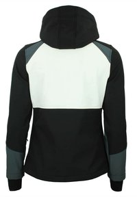 Sort-hvid jakke med hætte, der har et farveblok design. Grå detaljer på skuldre og ærmer. Glat tekstur, tætsiddende pasform.