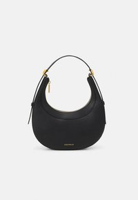 Borsa a mano in pelle nera con silhouette curva, superficie texturizzata, ferrature in tono oro e chiusura con zip. Logo "Coccinelle" in oro nella parte inferiore.