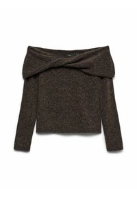 Pull marron foncé à épaules dénudées en maille texturée, avec un design torsadé sur le devant et des manches longues. Silhouette simple et courte.