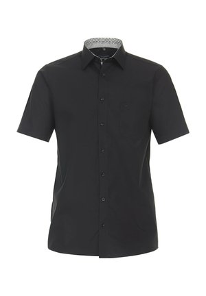 Short-sleeve black shirt in a smooth cotton blend, featuring a button front, single chest pocket, and patterned inner collar detail.