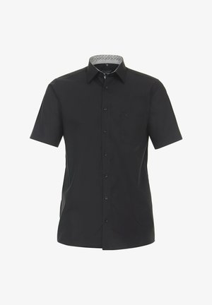 Schwarzes Kurzarmhemd aus einem glatten Baumwollmix, mit Knopfverschluss, einer einzelnen Brusttasche und einem gemusterten Innenkragen.