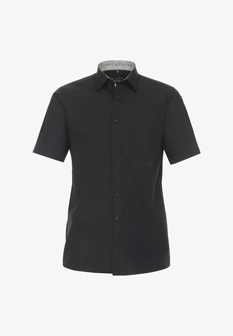 Schwarzes Kurzarmhemd aus einem glatten Baumwollmix, mit Knopfverschluss, einer einzelnen Brusttasche und einem gemusterten Innenkragen.