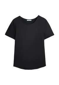 Black athletic t-shirt with short sleeves, round neckline, and textured mesh side panels for breathability. Smooth fabric, relaxed fit.