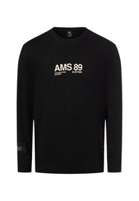 Schwarzes langärmliges T-Shirt aus Baumwolle mit weißem Text "AMS 89" und Markenlogo. Enthält ein kleines Etikett-Detail am linken Ärmel.