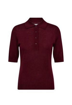 Burgundská polo košile s krátkým rukávem vyrobená z měkké pleteniny. Má klasický límeček a tři knoflíky.