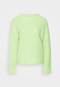 Maglione lavorato a maglia verde chiaro con collo alto, texture a coste, maniche lunghe e polsini arrotolati. Vestibilità ampia con lunghezza leggermente accorciata.
