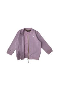 Giacca zip-up rosa chiaro con maniche lunghe, polsini a coste e un logo sul petto; presenta una cerniera dorata e una texture morbida.
