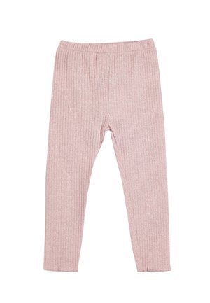 Leggings roses côtelés avec une ceinture élastique, texture douce et design ajusté, idéaux pour un usage décontracté ou pour le superposition.
