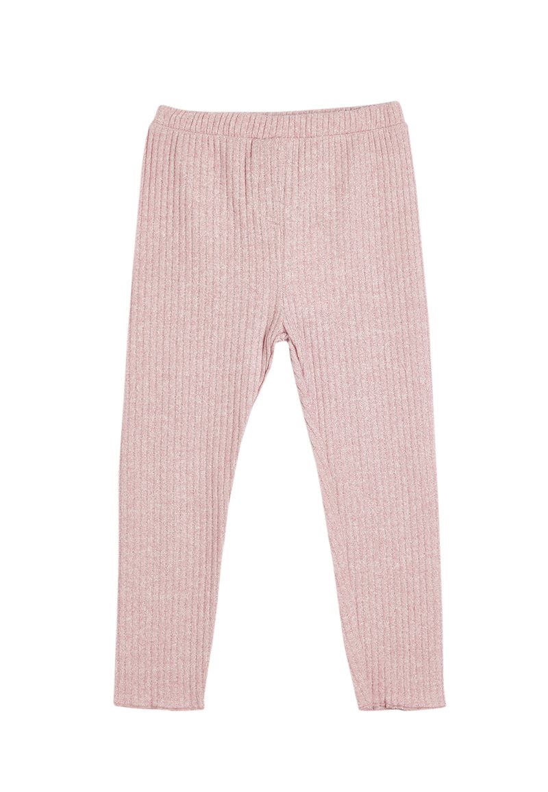 Leggings rosa a coste con una vita elastica, texture morbida e design aderente, adatti per un look casual o per essere indossati a strati.