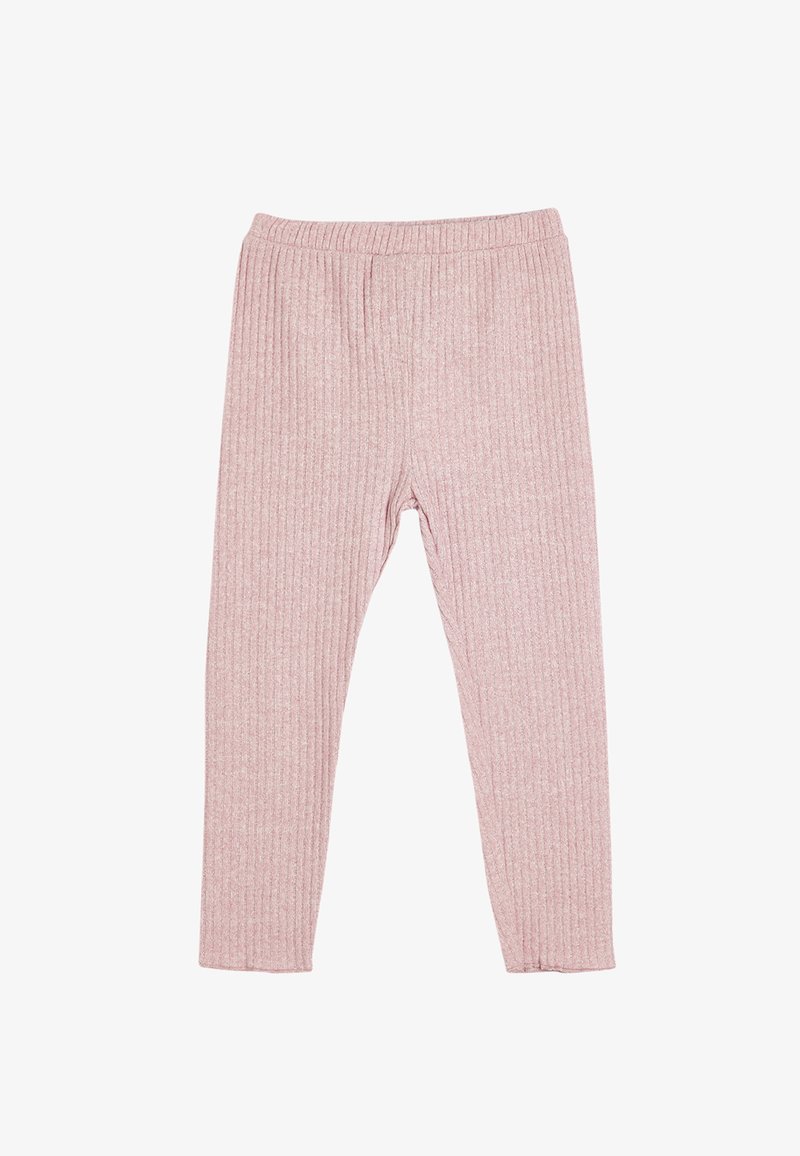 Geribbelde roze leggings met een elastische tailleband, zachte textuur en een aansluitend ontwerp, geschikt voor casual draag of als laagje.