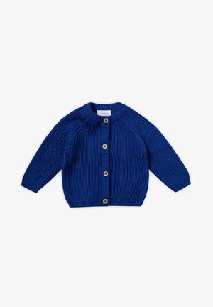 Cárdigan de bebé azul tejido con cuello redondo, mangas largas, cuatro botones de madera en la parte delantera y puños y dobladillo acanalados.
