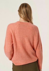 Pull rose en tricot avec une texture confortable, doté d'un col rond et de manches raglan, vu de dos. Coupe décontractée et ample.