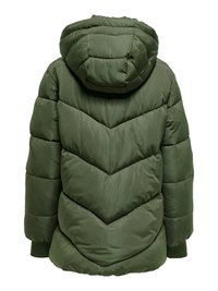 Alyvuogių žalios spalvos pūstas striukė su chevron rašto siuvimu, gobtuvu ir ribuotais rankogaliais. Minkšta tekstūra, pilno ilgio nugaros vaizdas, nematomi užsegimai.