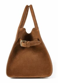 Brown suede tote bag with two handles and a front buckle strap detail, shown from a side angle against a white background.