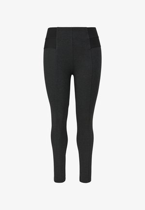 Leggings noirs taille haute avec une texture lisse, dotés de panneaux latéraux. Conception ajustée avec une silhouette de jambe effilée.