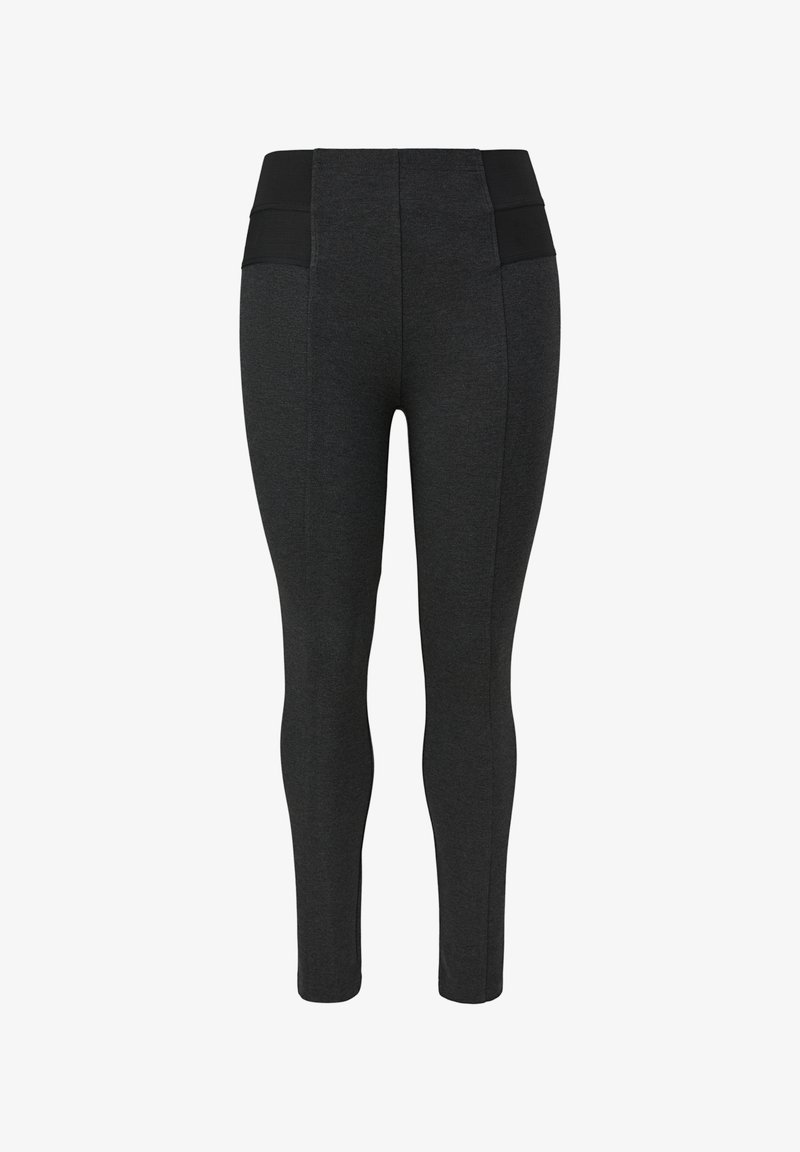 Schwarze hoch-taillierte Leggings mit glatter Textur, ausgestattet mit seitlichen Akzenten. Figurbetontes Design mit einer schmal zulaufenden Beinform.
