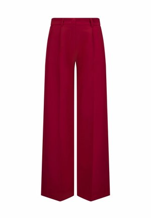 Pantaloni a gamba larga in un ricco tessuto rosso, con vita alta, dettagli delle pieghe e una texture liscia, adatti per abbigliamento formale o casual.