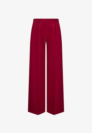 Wide-leg trousers in a rich red fabric, featuring a high waist, crease details, and smooth texture, suitable for formal or casual wear.