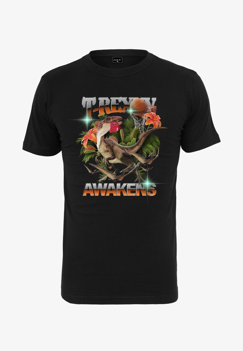 Juodas marškinėlių su spalvinga grafika, kurioje T-Rex žaidžia krepšinį tarp tropinių augalų ir gėlių, užrašas "T-REXY AWAKENS".