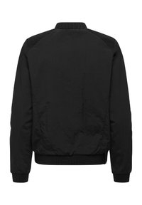 Zwarte bomberjack met geribbelde kraag, manchetten en tailleband, achterzijde met gewatteerde schouderdetails zichtbaar.