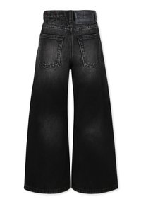 Jeans a gamba larga neri in denim con una texture lavata, due tasche posteriori e un'etichetta con il marchio vicino alla vita.