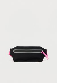 Pochette étanche noire avec un accent rose, de forme ovale, et une fermeture éclair grise. Dotée d'un cordon de serrage pour la fermeture, texture lisse.