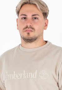 Felpa beige con colletto a coste, presenta la scritta "Timberland" in bianco, ricamata, e un logo ad albero sul lato sinistro. Tessuto dalla superficie liscia.