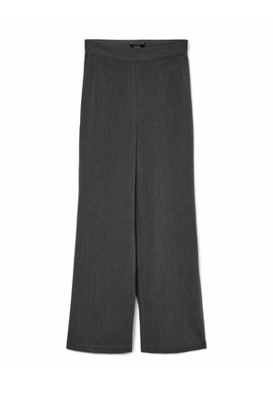 Wide-leg trousers in dark gray, made from textured fabric. Features a smooth, elastic waistband and straight, flowing silhouette.