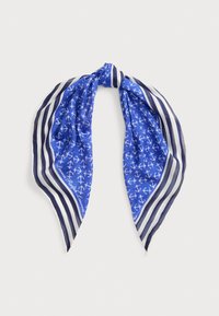 Niebieski jedwabny szal z białym wzorem kotwicy oraz granatowo-białymi paskowanymi krawędziami. Zaprojektowany w kształcie kwadratu, o miękkiej teksturze.