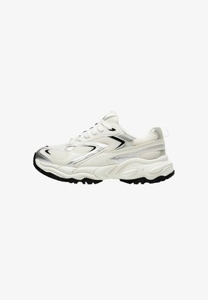 White sneaker with a mesh upper, silver accents, black sole, and textured panels. Features lace-up design and rounded toe shape.
