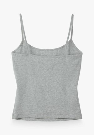 Lichtgrijs, mouwloos camisettopje met dunne dubbele schouderbandjes en een rechte halslijn, weergegeven tegen een witte achtergrond.