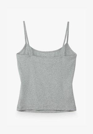 Lichtgrijs, mouwloos camisettopje met dunne dubbele schouderbandjes en een rechte halslijn, weergegeven tegen een witte achtergrond.