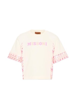 Pull blanc à manches courtes avec des motifs zigzag roses sur les côtés et les manches et le logo "MISSONI" en rose sur la poitrine.