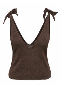 Top sans manches en maille marron avec un col en V profond et des bretelles nouées aux épaules.
