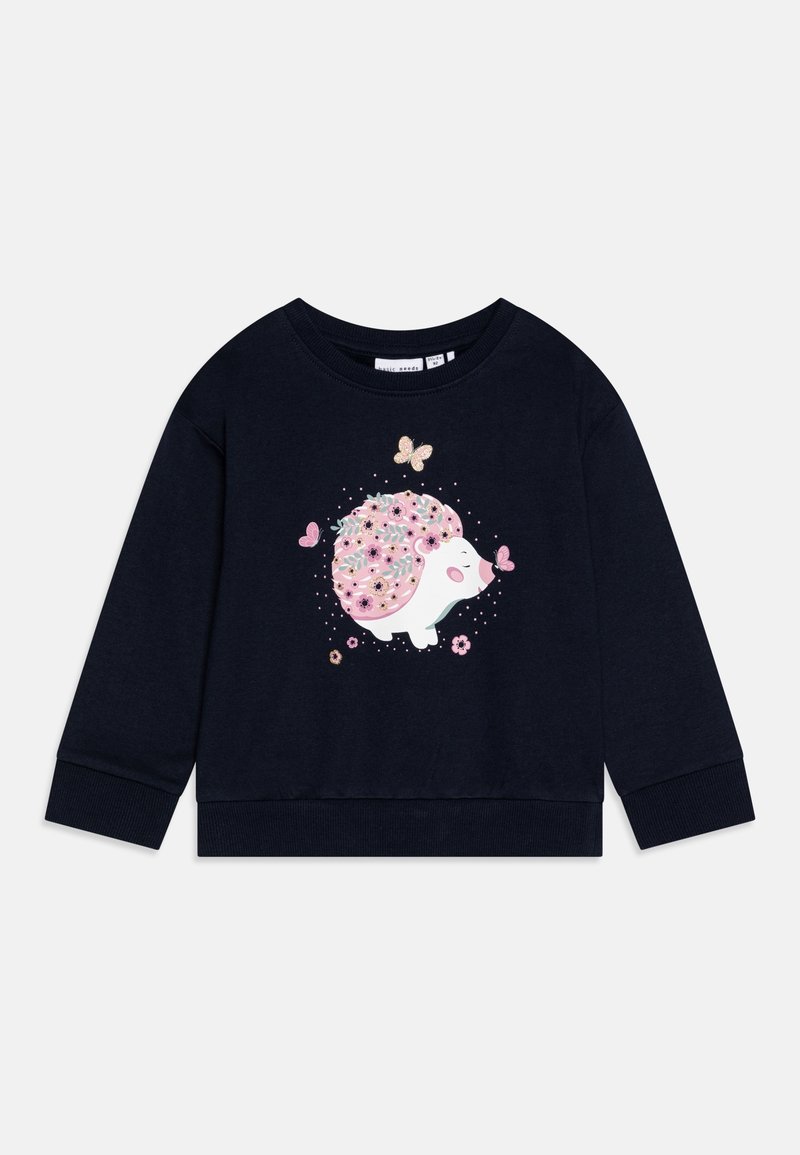 Sweat-shirt bleu marine pour enfant avec un hérisson souriant couvert de fleurs roses, entouré de trois papillons roses.