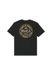 Schwarzes Baumwoll-T-Shirt mit einem runden Grafikdesign in Gelb, das den Text "RVCA" und "BALANCE OF OPPOSITES" zeigt. Mit kurzen Ärmeln und runder Ausschnit.