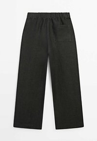 Pantalon noir à jambes larges en tissu texturé, avec une ceinture élastique et une seule poche arrière.