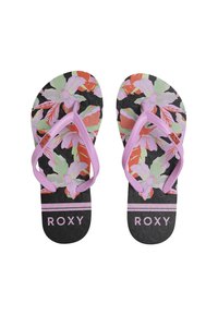 Flip-flops med svart bas som har ett flerfärgat blommönster. Rosa gummistöljar med Roxy-logotyp och strukturerad sula för bra grepp.