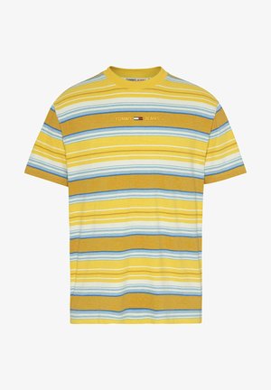 Kurzärmliges gelbes T-Shirt mit horizontalen Streifen in Blau und Weiß. Verfügt über ein kleines Logo "TOMMY JEANS" in der Nähe des Ausschnitts.